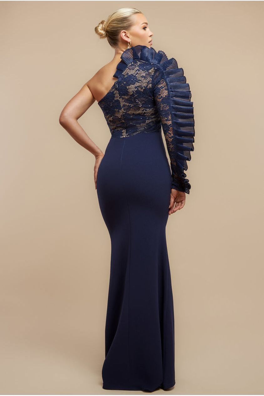 One Shoulder Organza Fan Detail Lace Bodice Maxi Dress - Navy Blue DR4577