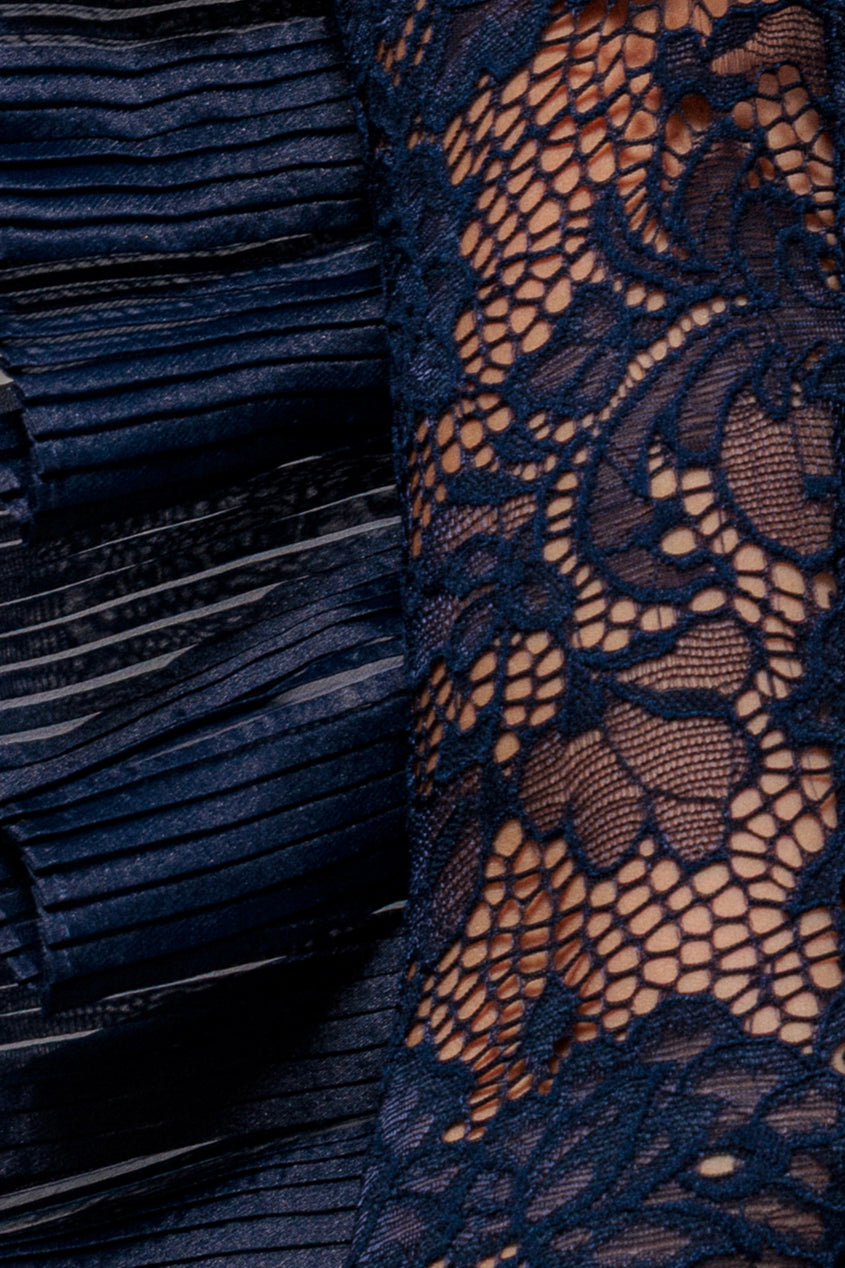 One Shoulder Organza Fan Detail Lace Bodice Maxi Dress - Navy Blue DR4577