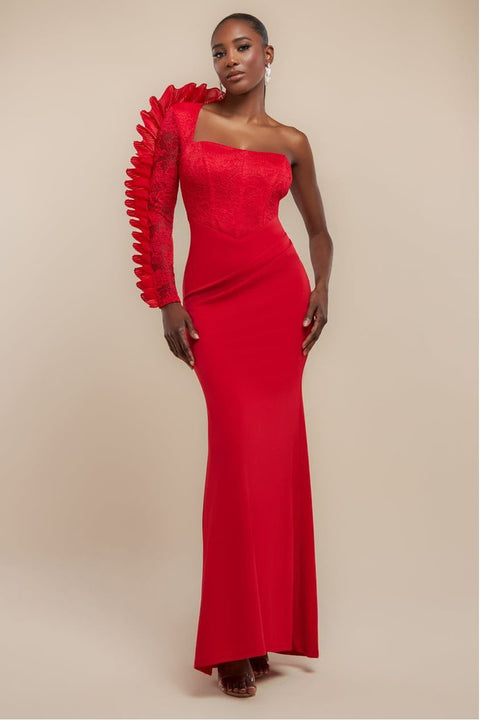 One Shoulder Organza  Fan Detail Lace Bodice Maxi Dress - Red by Goddiva