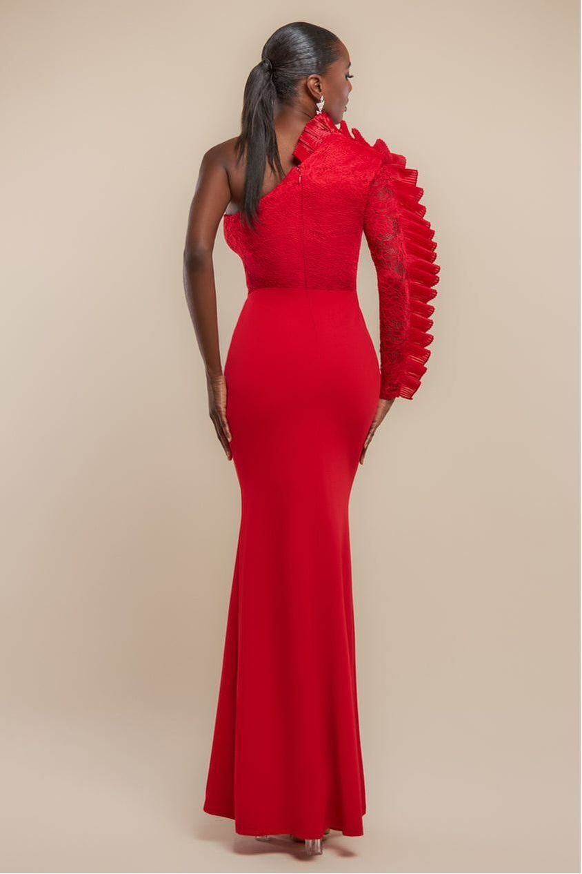 One Shoulder Organza Fan Detail Lace Bodice Maxi Dress - Red DR4577
