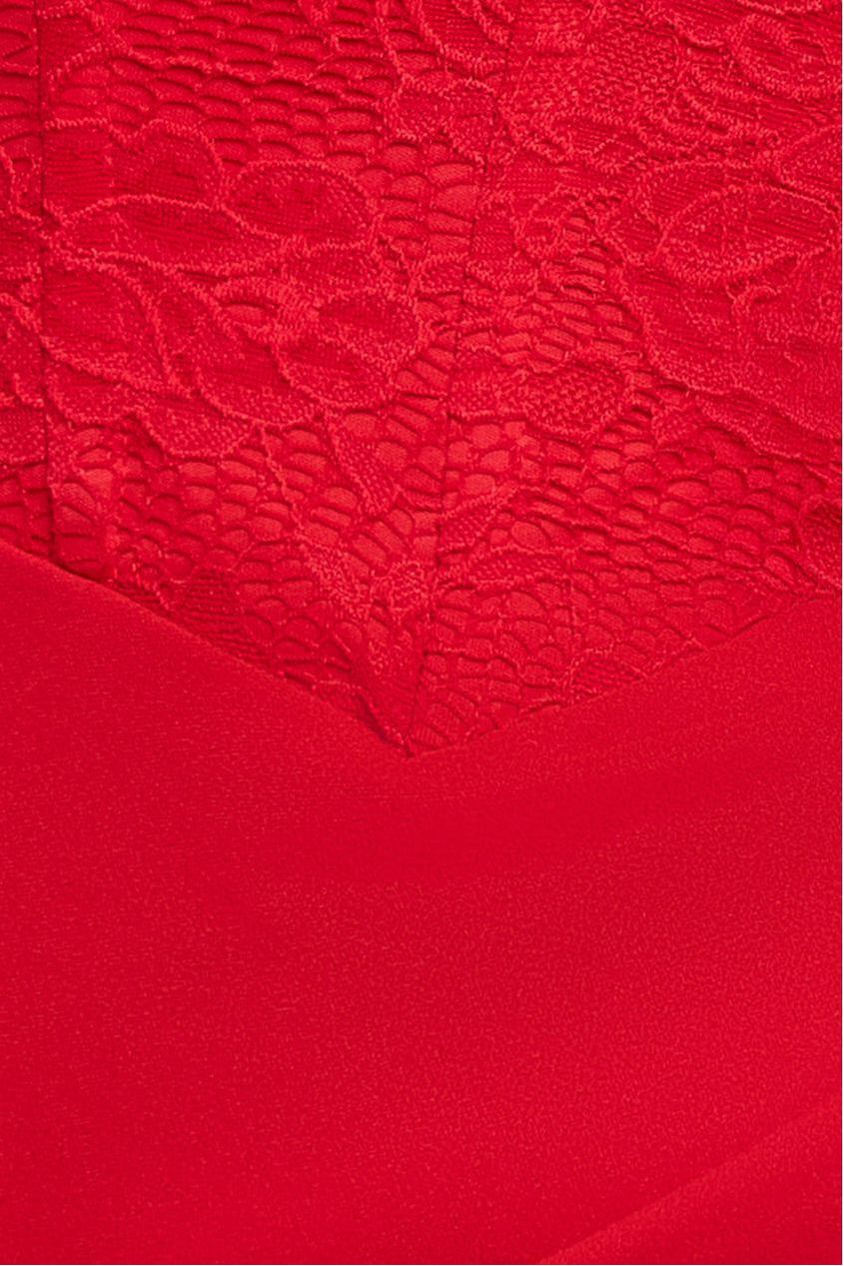 One Shoulder Organza Fan Detail Lace Bodice Maxi Dress - Red DR4577