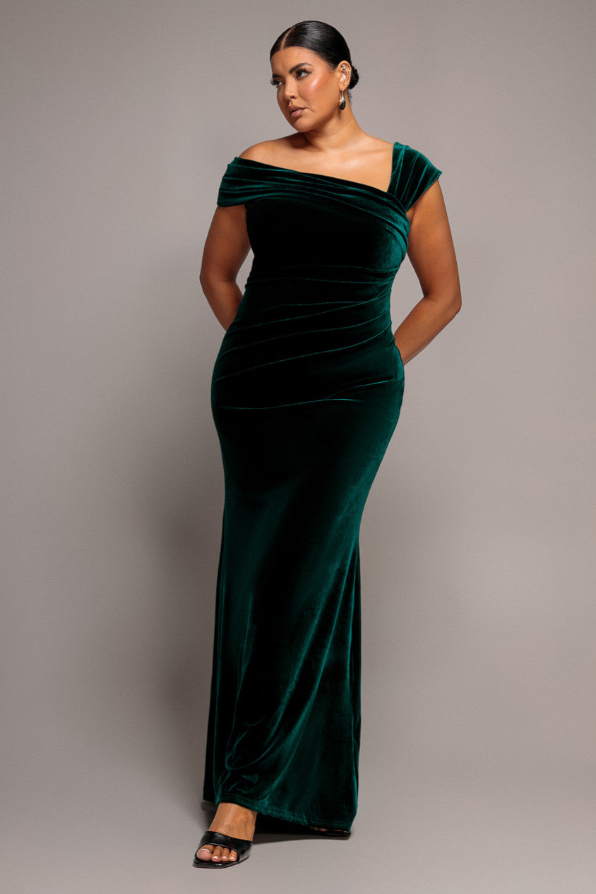Velvet Pleated One Off Shoulder Maxi Dress - Emerald Green DR4578PLUS