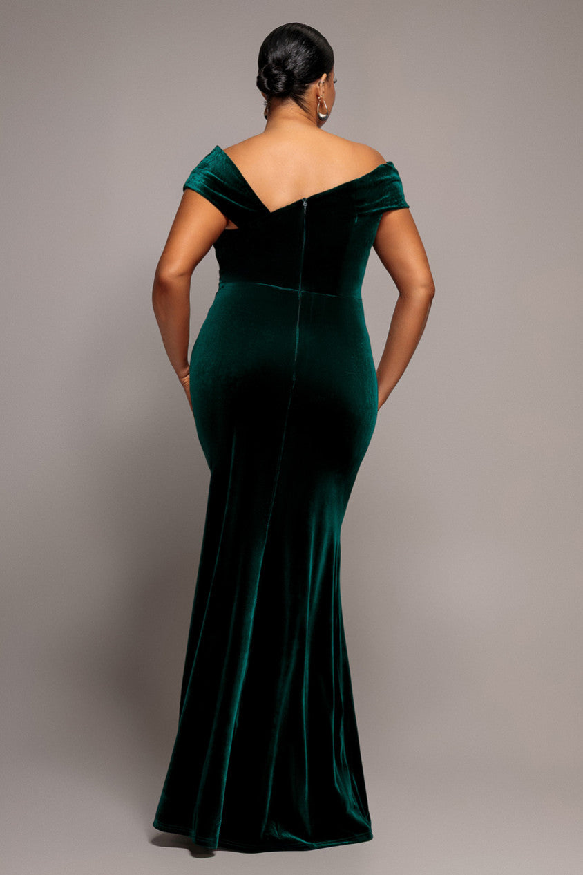 Velvet Pleated One Off Shoulder Maxi Dress - Emerald Green DR4578PLUS