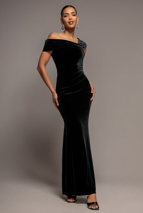One Shoulder Velvet Maxi Dress - Black by Goddiva