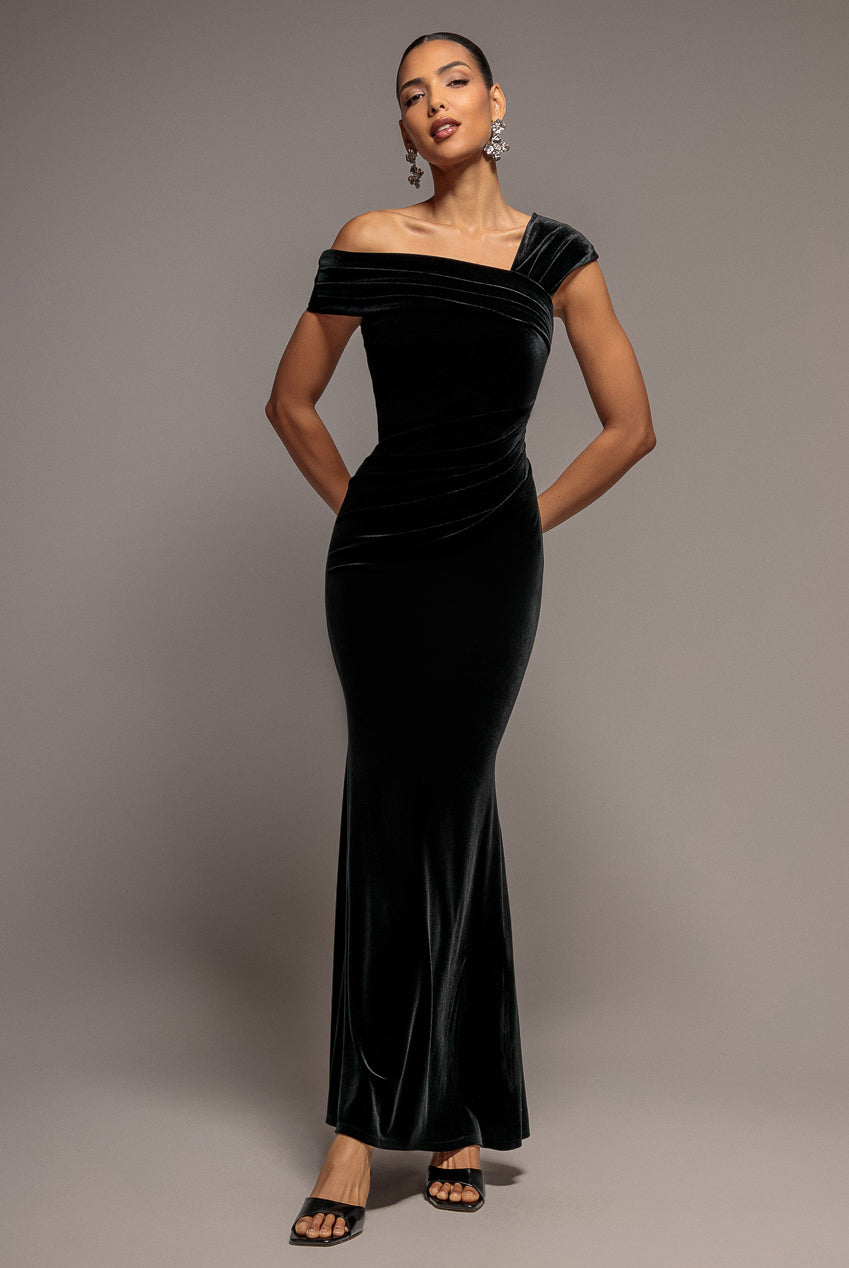 One Shoulder Velvet Maxi Dress - Black DR4578
