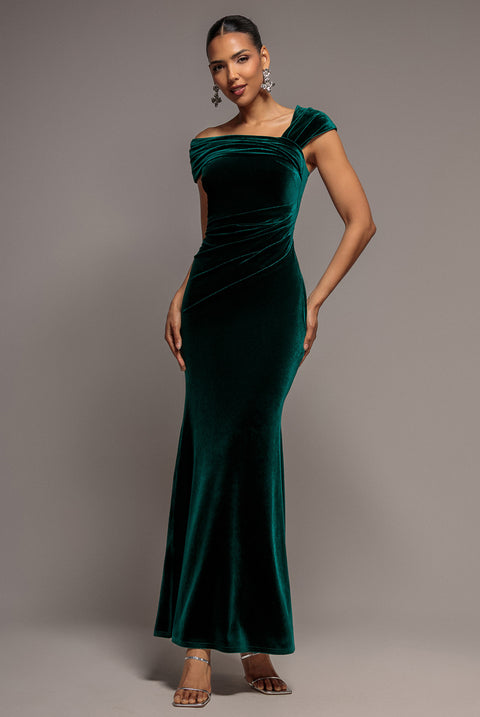 One Shoulder Velvet Maxi Dress - Emerald Green by Goddiva