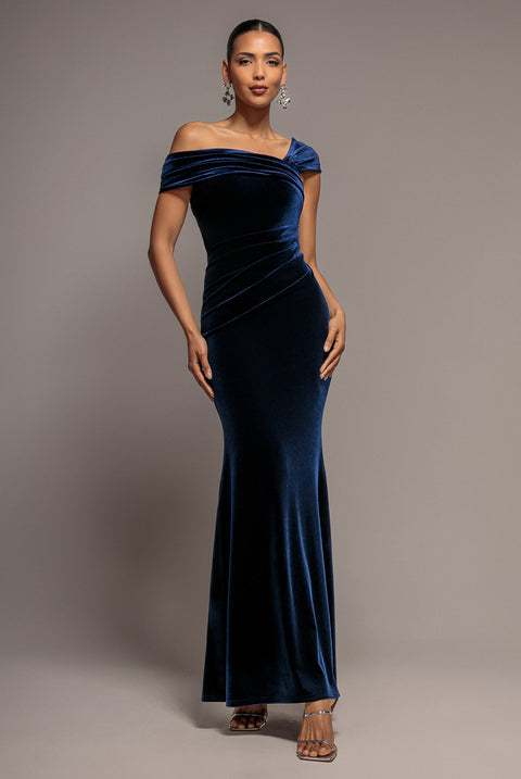 One Shoulder Velvet Maxi Dress - Navy by Goddiva