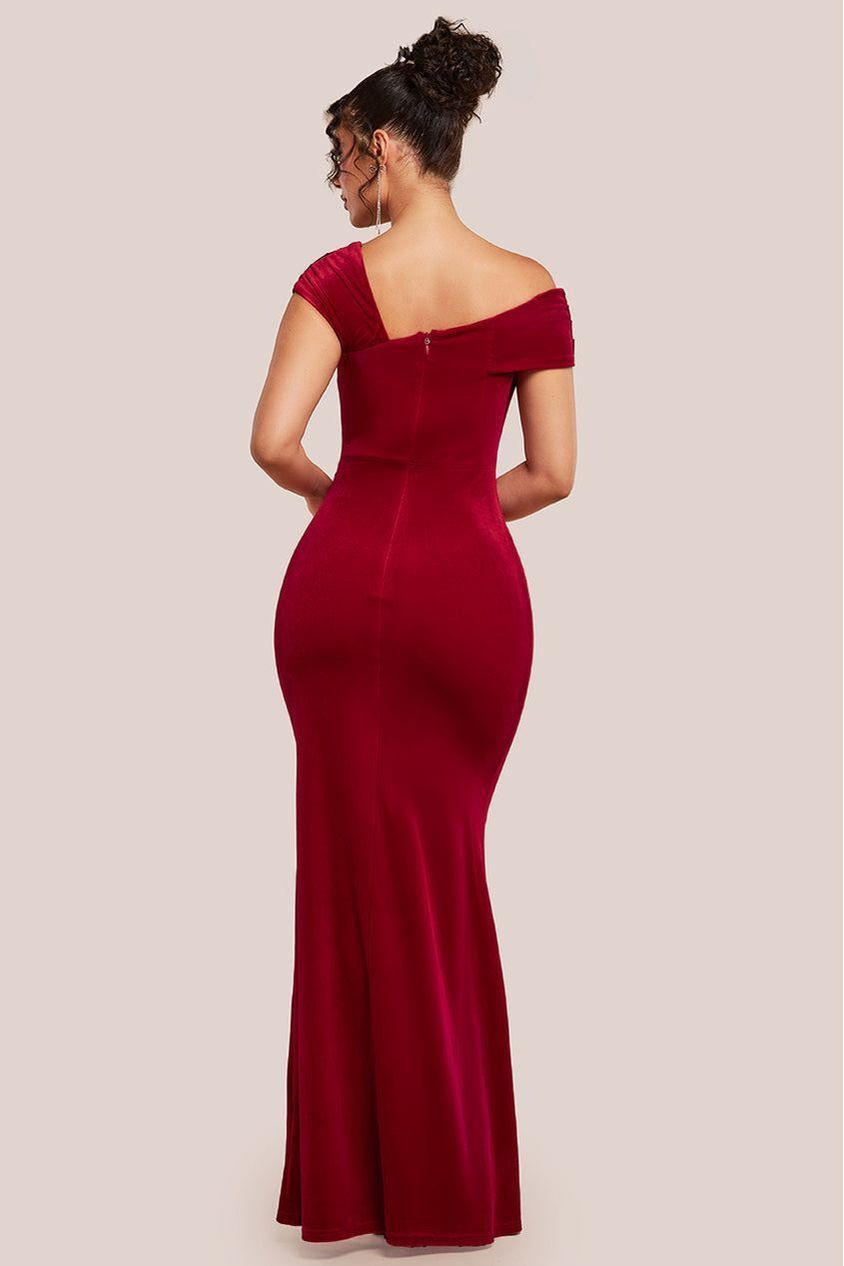 One Shoulder Velvet Maxi Dress - Red DR4578