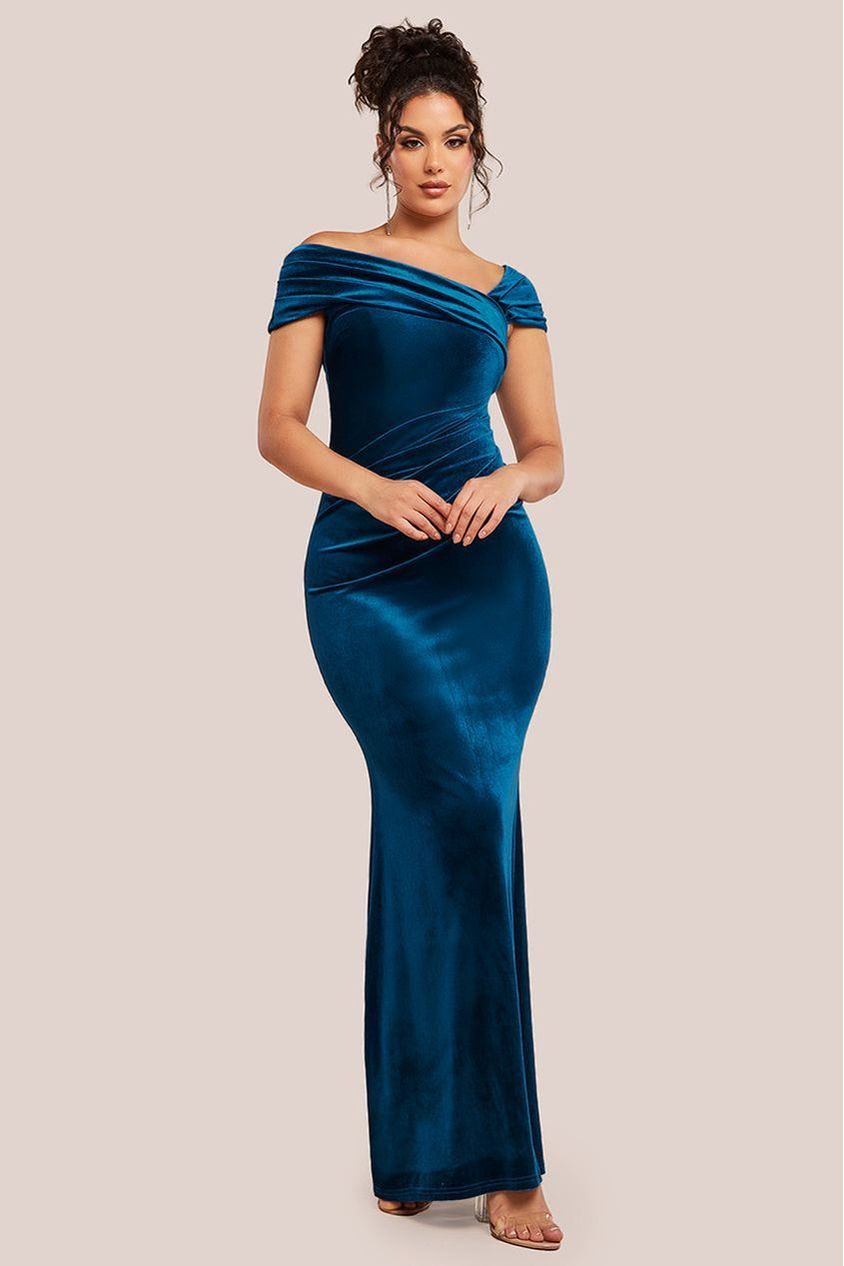 One Shoulder Velvet Maxi Dress - Teal DR4578