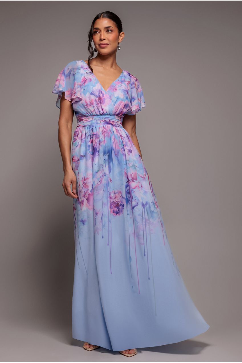 Printed Silky Chiffon Flutter Sleeve Maxi Dress - Blue DR4579