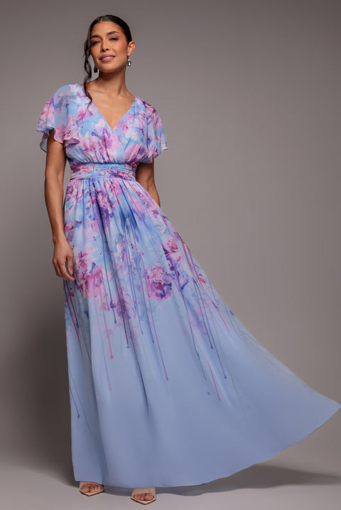 Printed Silky Chiffon Flutter Sleeve Maxi Dress - Blue by Goddiva