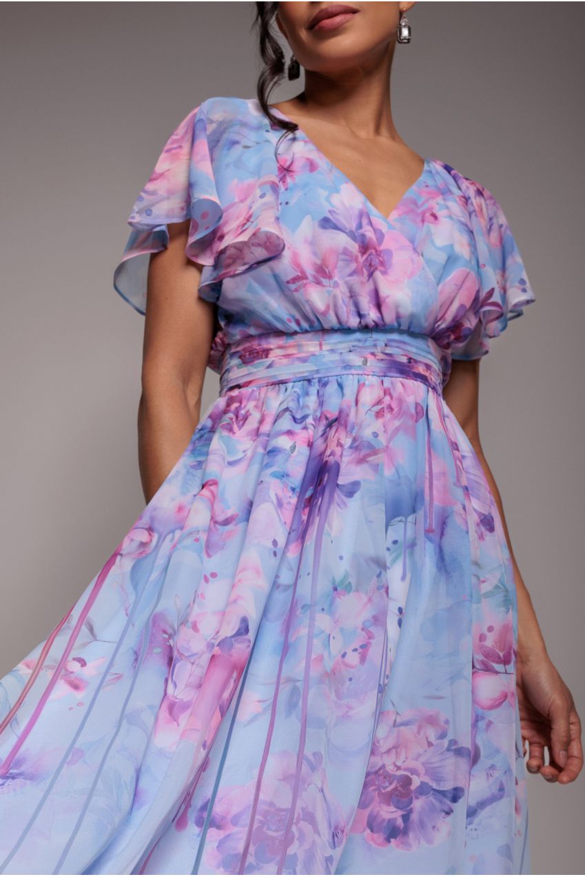 Printed Silky Chiffon Flutter Sleeve Maxi Dress - Blue DR4579