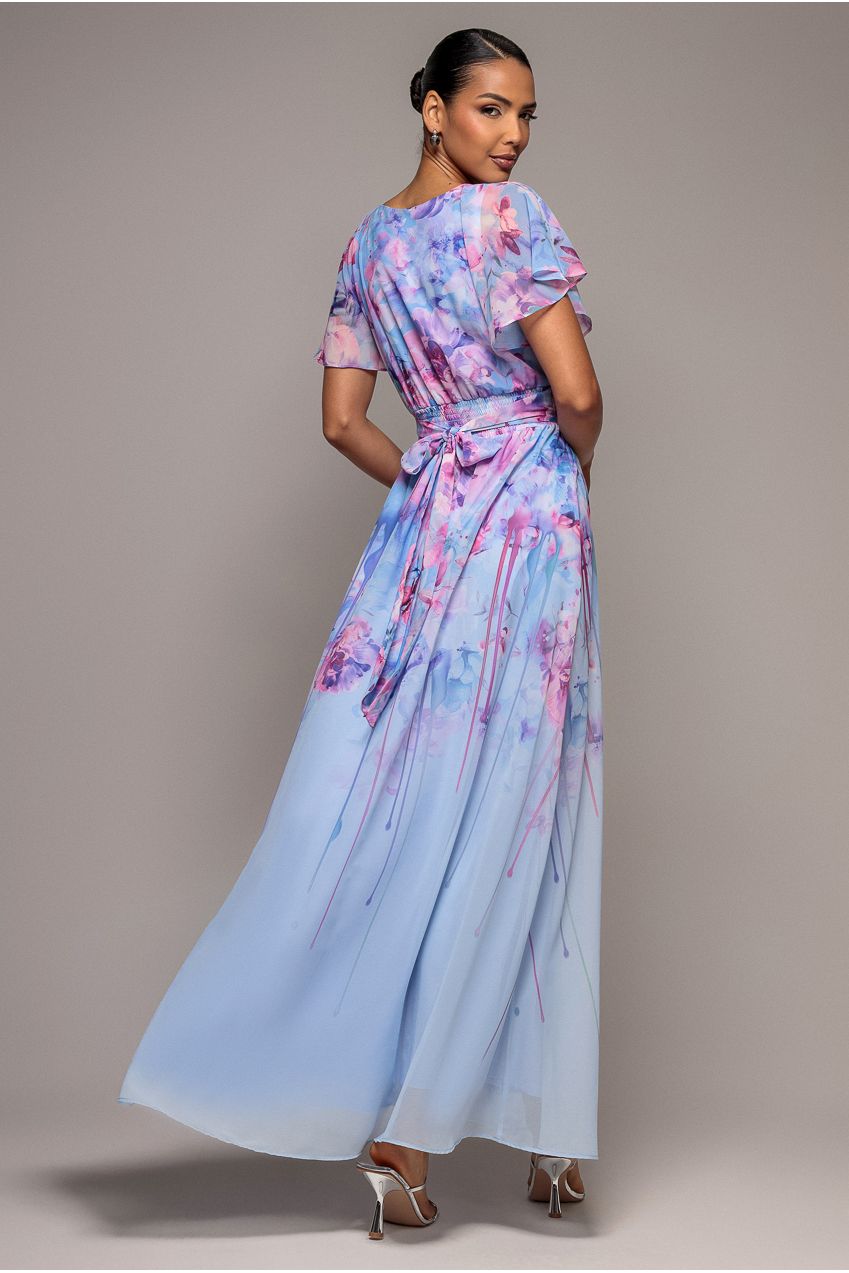 Printed Silky Chiffon Flutter Sleeve Maxi Dress - Blue DR4579