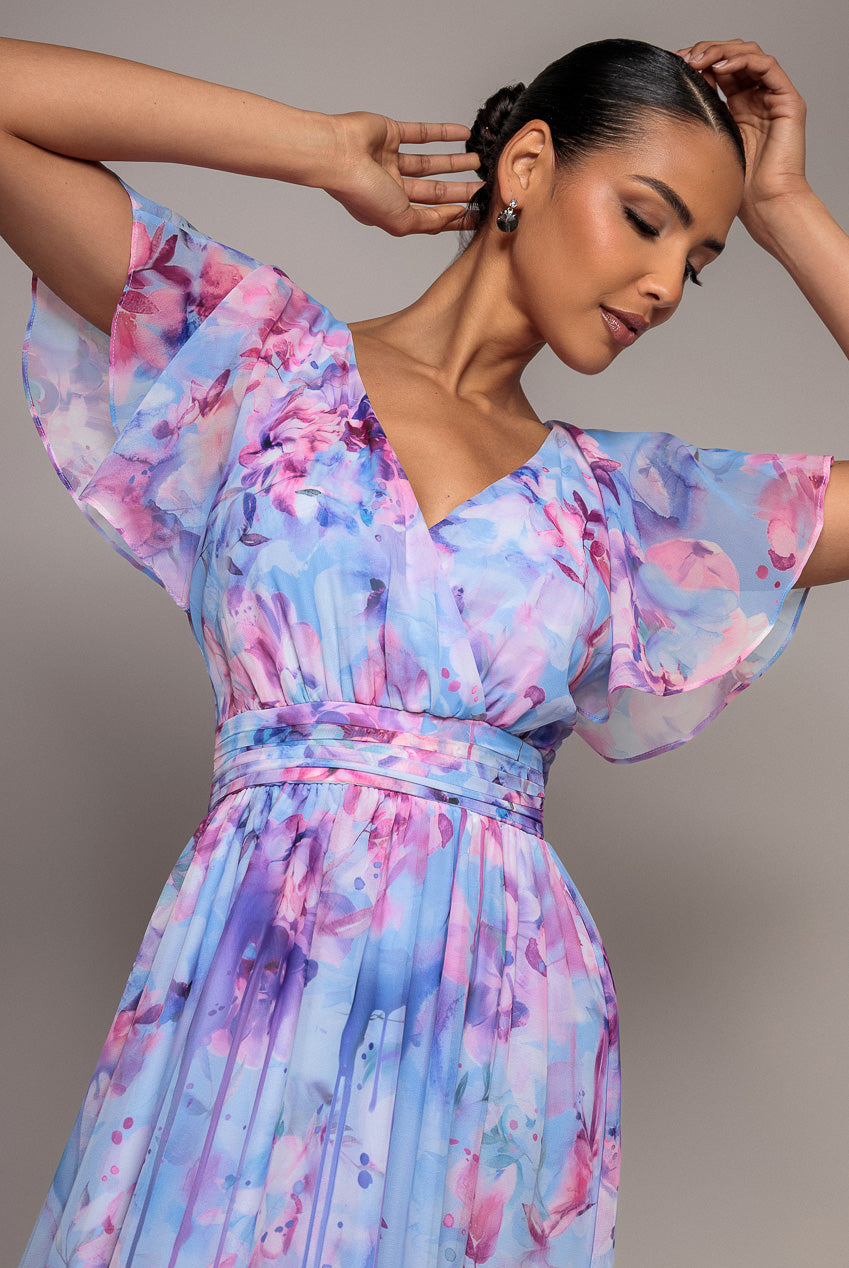 Printed Silky Chiffon Flutter Sleeve Maxi Dress - Blue DR4579