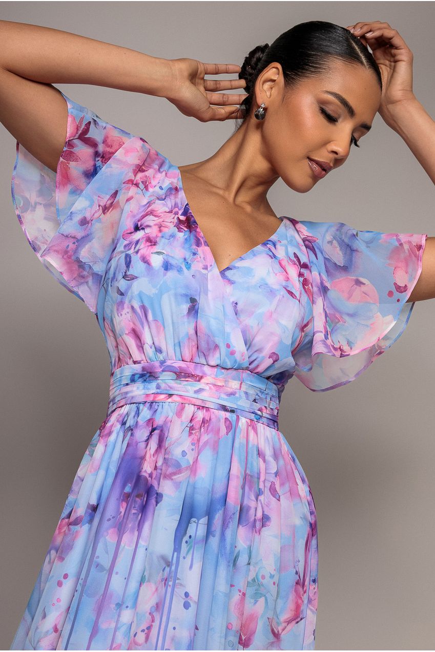 Printed Silky Chiffon Flutter Sleeve Maxi Dress - Blue DR4579