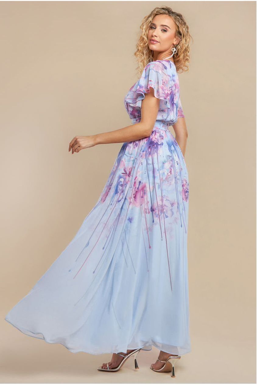 Printed Silky Chiffon Flutter Sleeve Maxi Dress - Blue DR4579