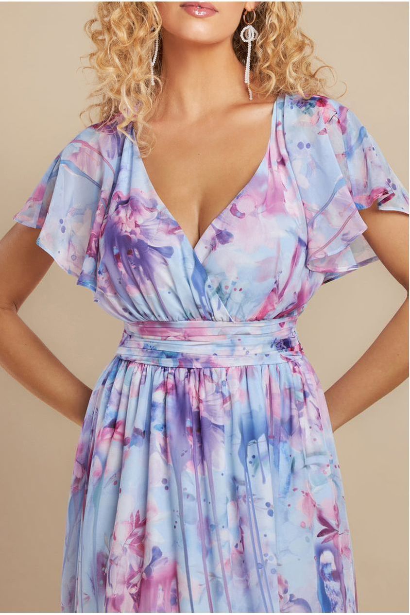 Printed Silky Chiffon Flutter Sleeve Maxi Dress - Blue DR4579