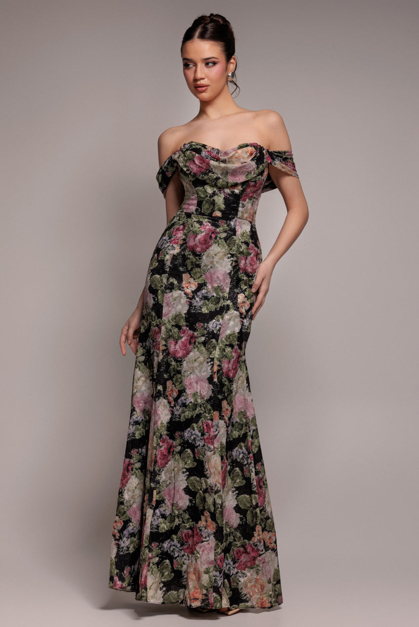 Cowl Neck Floral Print Jacquard Chiffon Maxi Dress - Black DR4583