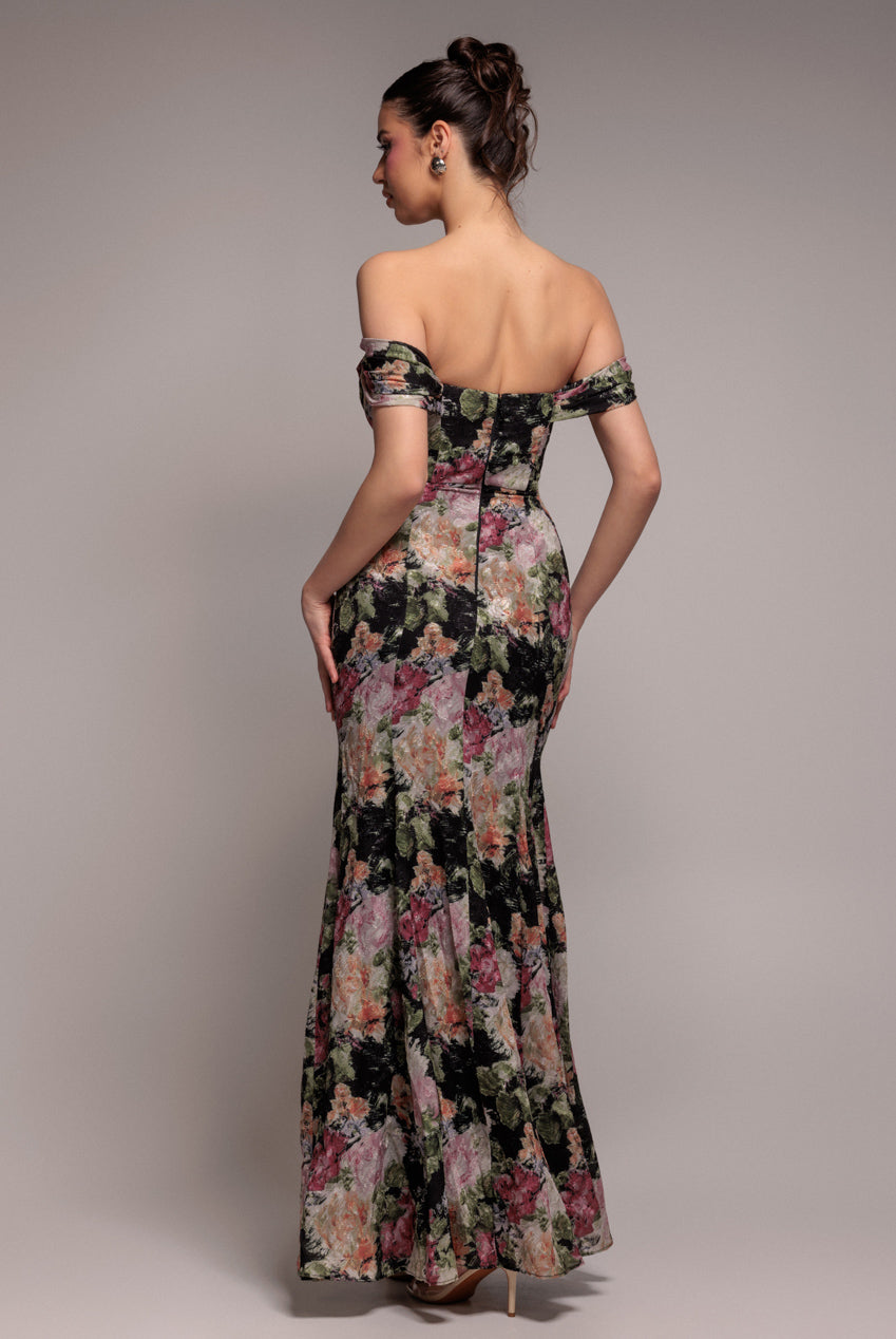 Cowl Neck Floral Print Jacquard Chiffon Maxi Dress - Black DR4583