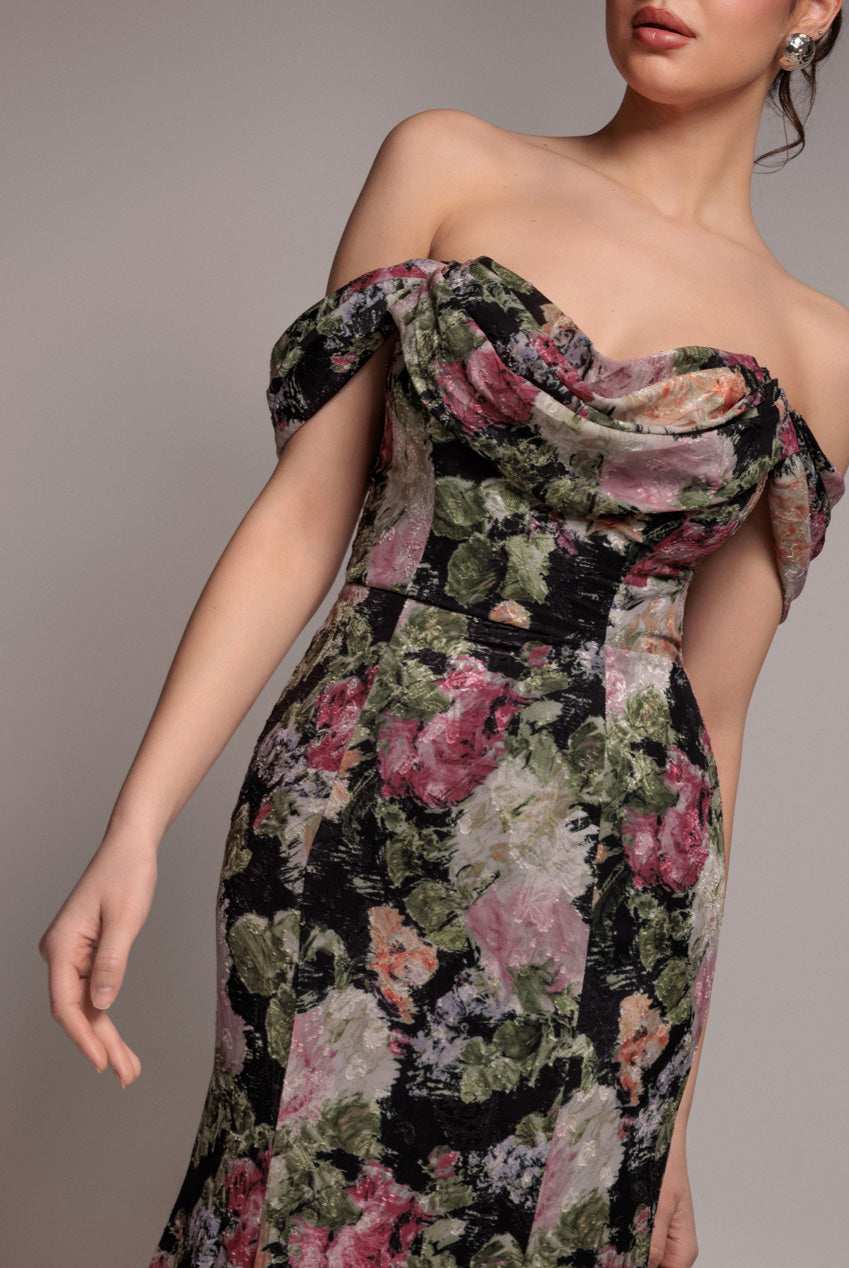 Cowl Neck Floral Print Jacquard Chiffon Maxi Dress - Black DR4583