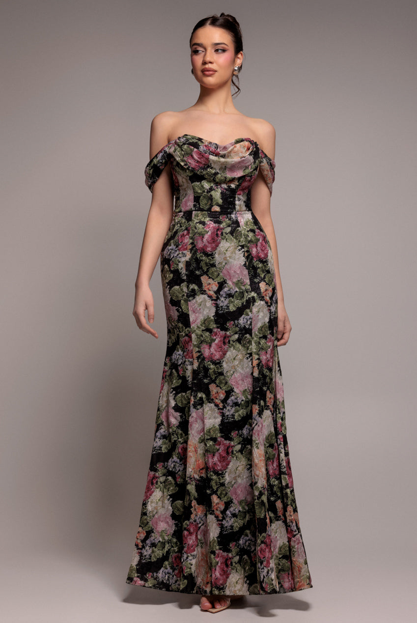 Cowl Neck Floral Print Jacquard Chiffon Maxi Dress - Black DR4583