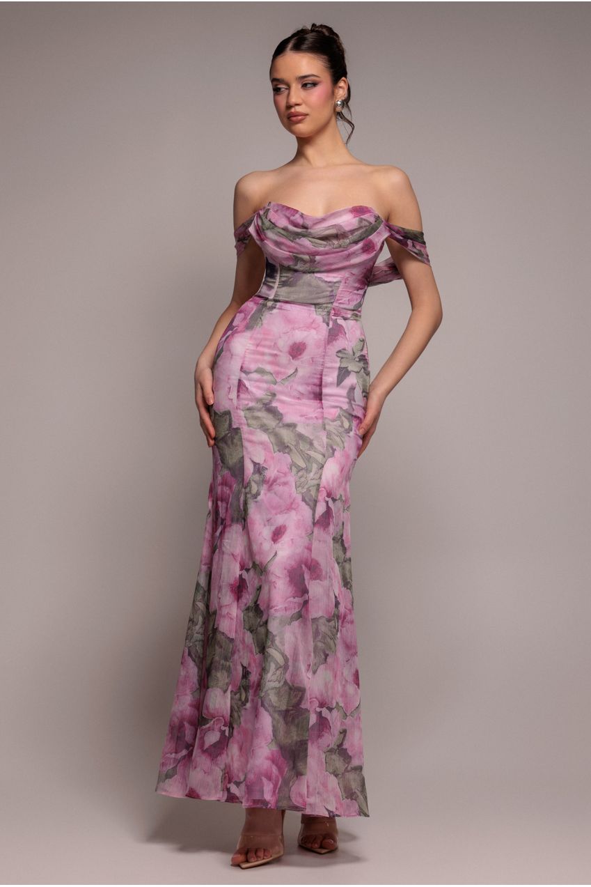 Cowl Neck Floral Print Jacquard Chiffon Maxi Dress - Blush Pink by Goddiva Cowl Neck Floral Print Jacquard Chiffon Maxi Dress - Blush Pink by Goddiva