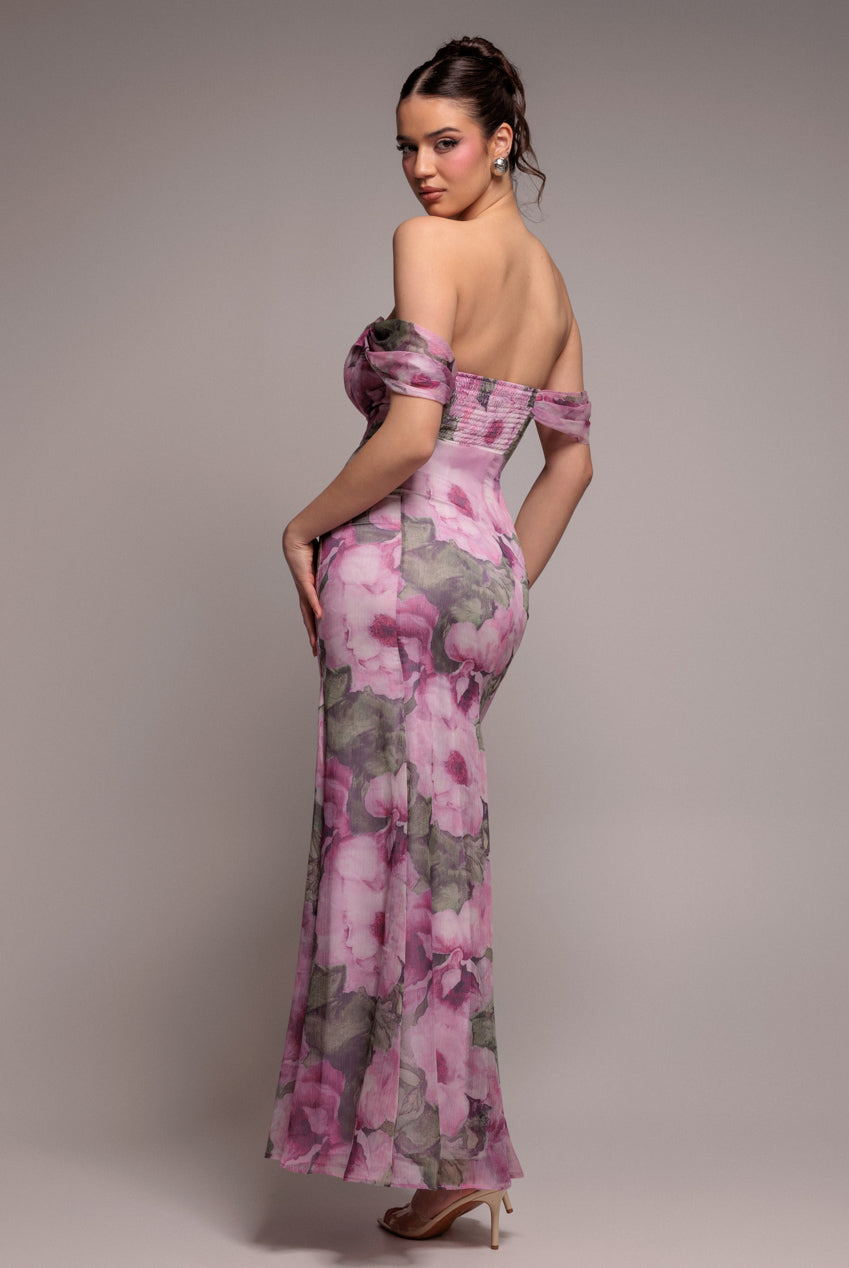 Cowl Neck Floral Print Jacquard Chiffon Maxi Dress - Blush Pink DR4583