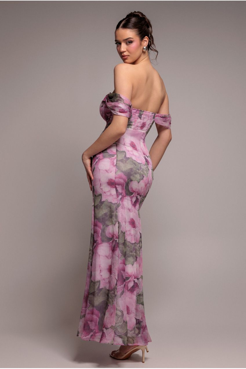 Cowl Neck Floral Print Jacquard Chiffon Maxi Dress - Blush Pink DR4583