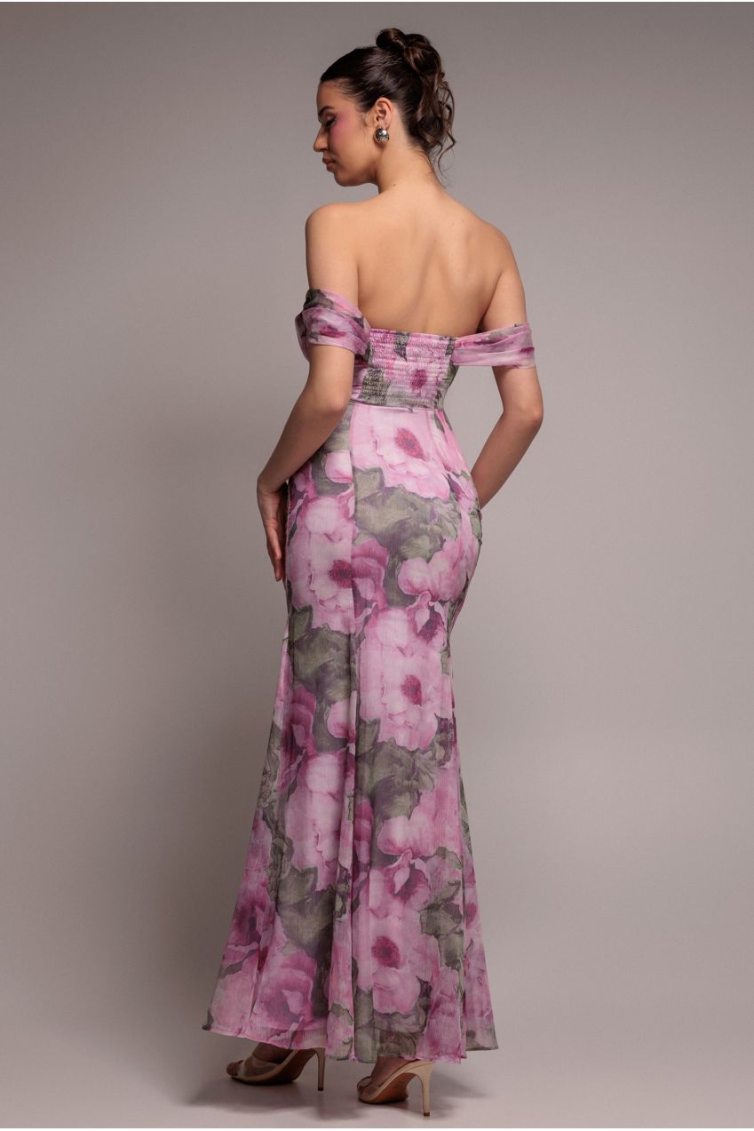 Cowl Neck Floral Print Jacquard Chiffon Maxi Dress - Blush Pink DR4583