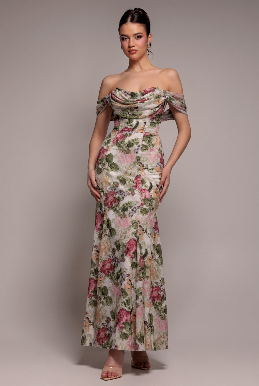 Cowl Neck Floral Print Jacquard Chiffon Maxi Dress - Cream DR4583