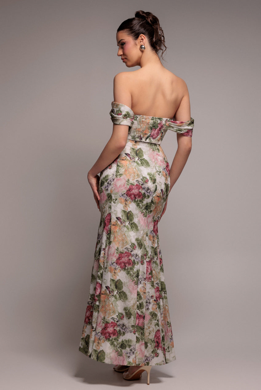 Cowl Neck Floral Print Jacquard Chiffon Maxi Dress - Cream DR4583