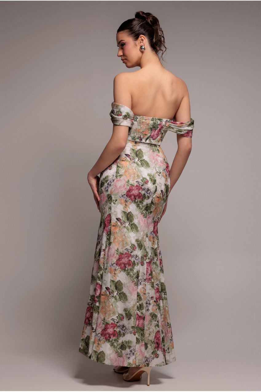 Cowl Neck Floral Print Jacquard Chiffon Maxi Dress - Cream DR4583
