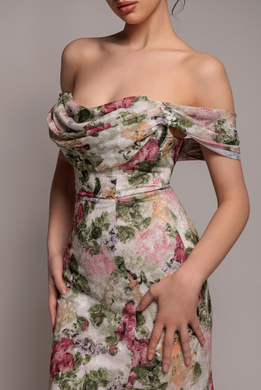 Cowl Neck Floral Print Jacquard Chiffon Maxi Dress - Cream DR4583