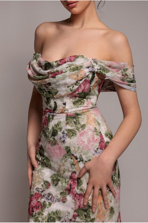 Cowl Neck Floral Print Jacquard Chiffon Maxi Dress - Cream by Goddiva