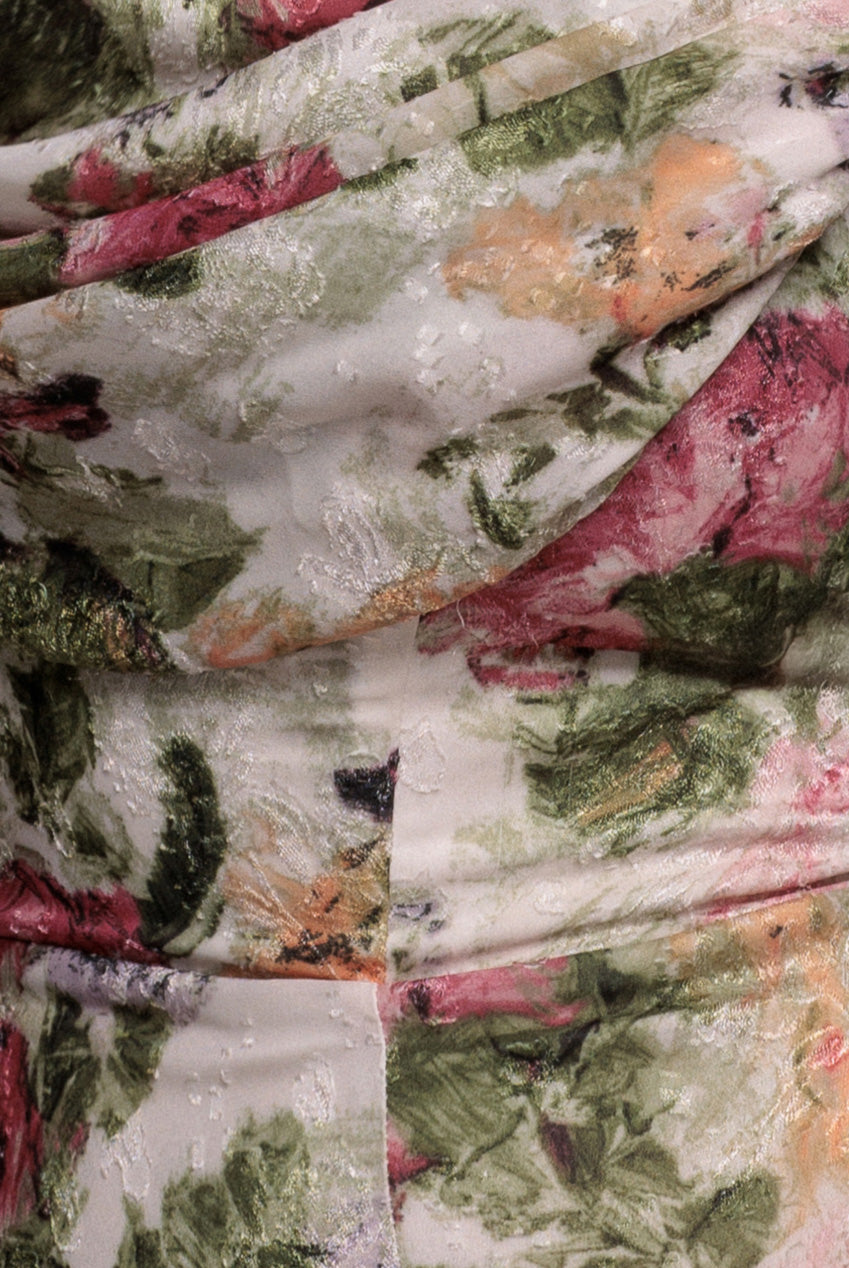 Cowl Neck Floral Print Jacquard Chiffon Maxi Dress - Cream DR4583