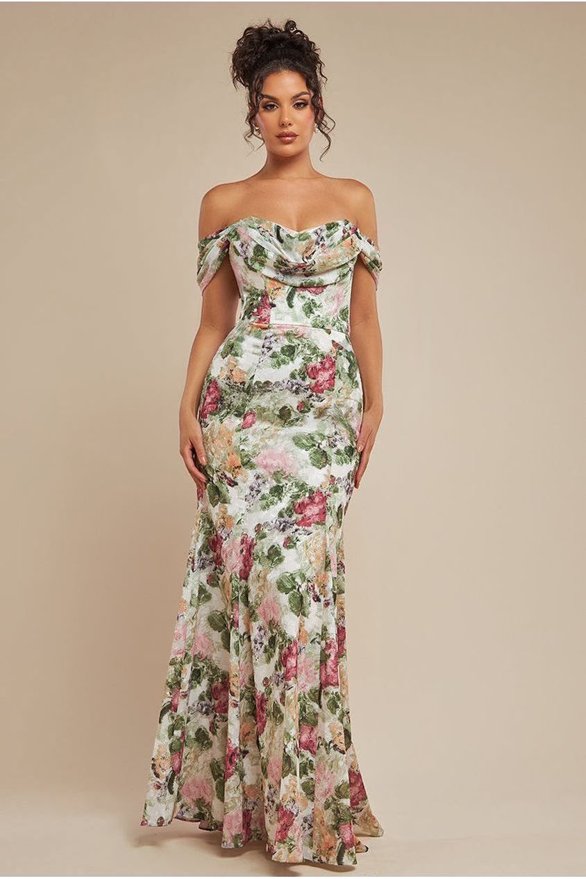 Cowl Neck Floral Print Jacquard Chiffon Maxi Dress - Cream DR4583