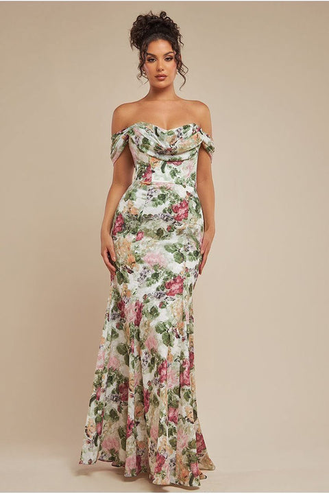 Cowl Neck Floral Print Jacquard Chiffon Maxi Dress - Cream by Goddiva