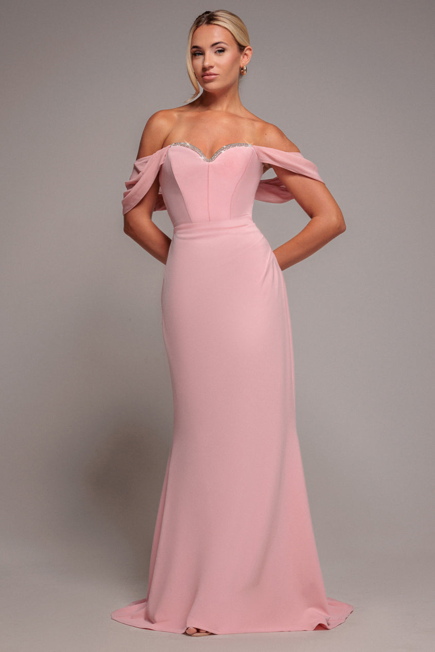 Off The Shoulder Draped Sleeve Maxi Dress With Diamante Neckline - Blush Pink | Goddiva Off The Shoulder Draped Sleeve Maxi Dress With Diamante Neckline - Blush Pink | Goddiva