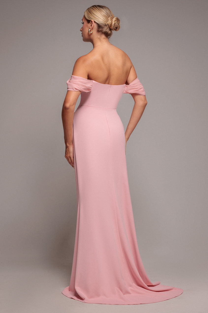 Off The Shoulder Draped Sleeve Maxi Dress With Diamante Neckline - Blush Pink DR4588