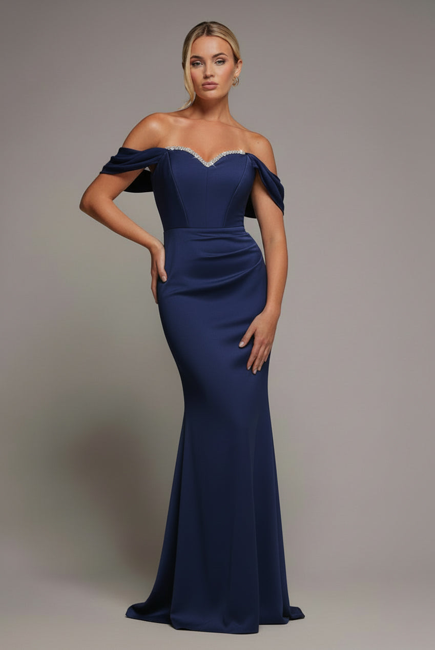 Off The Shoulder Draped Sleeve Maxi Dress With Diamante Neckline - Navy Blue DR4588
