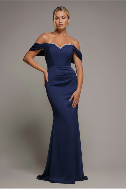 Off The Shoulder Draped Sleeve Maxi Dress With Diamante Neckline - Navy Blue by Goddiva