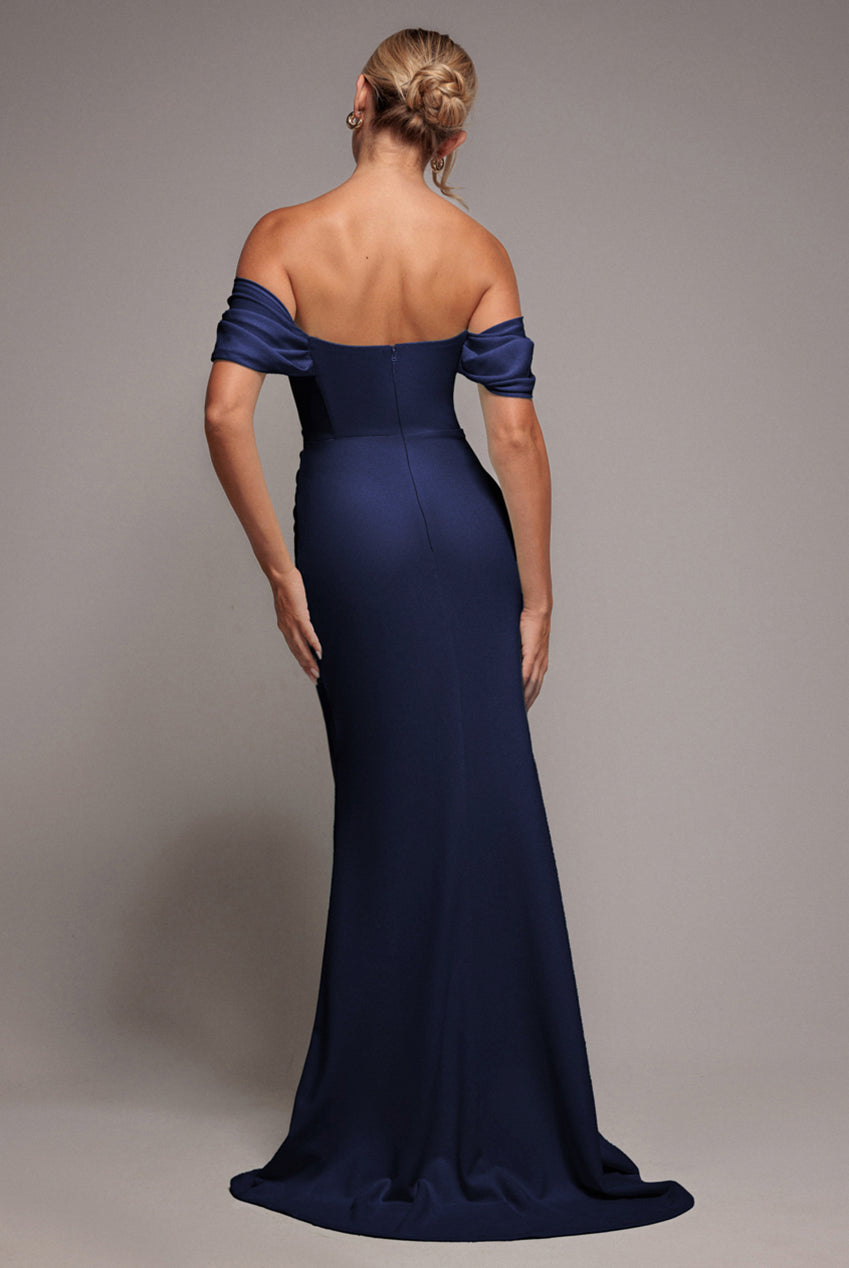 Off The Shoulder Draped Sleeve Maxi Dress With Diamante Neckline - Navy Blue DR4588