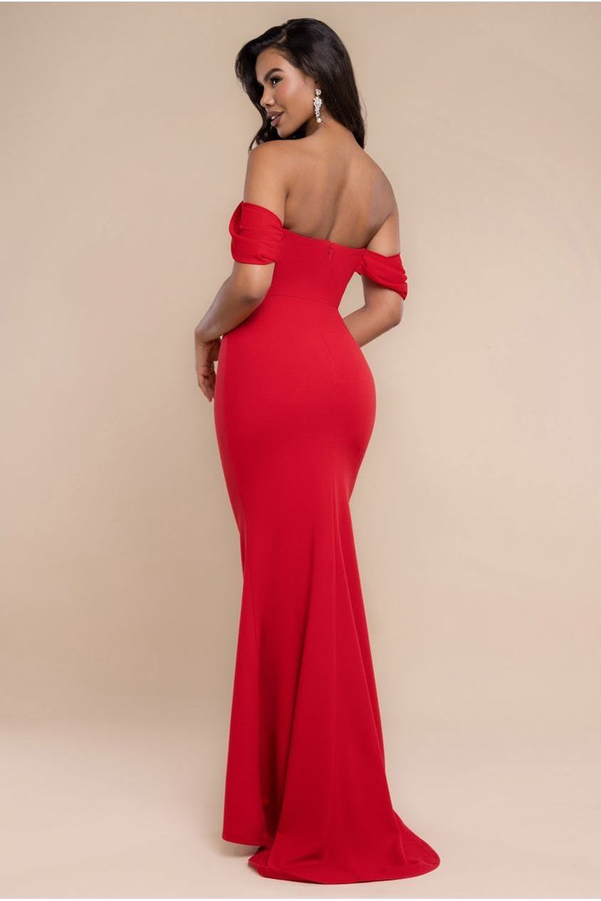 Off The Shoulder Draped Sleeve Maxi Dress With Diamante Neckline - Red DR4588