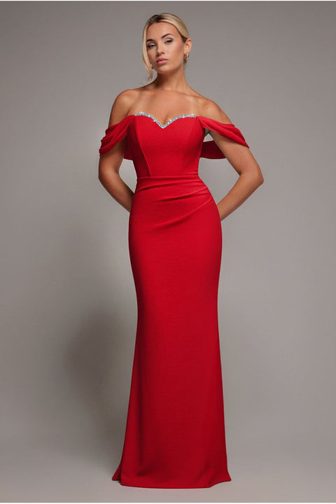 Off The Shoulder Draped Sleeve Maxi Dress With Diamante Neckline - Red by Goddiva