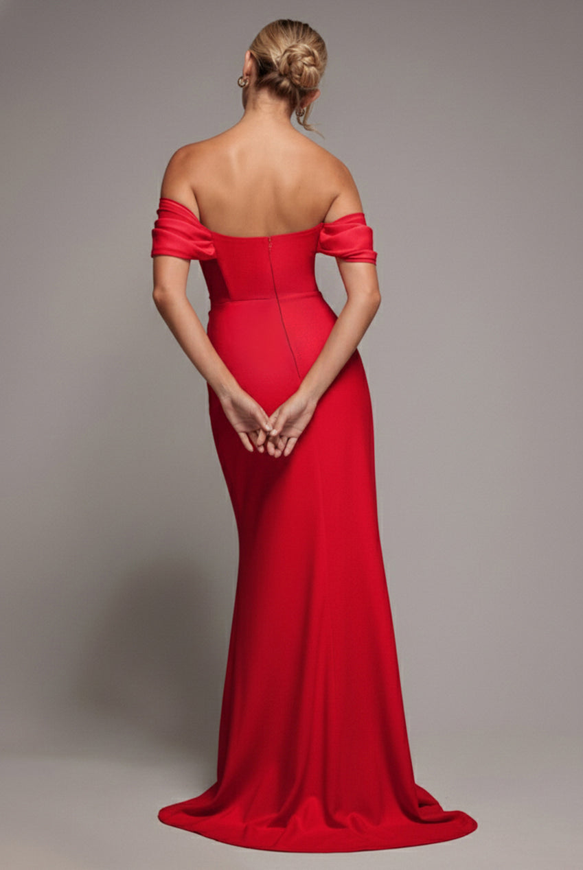 Off The Shoulder Draped Sleeve Maxi Dress With Diamante Neckline - Red DR4588