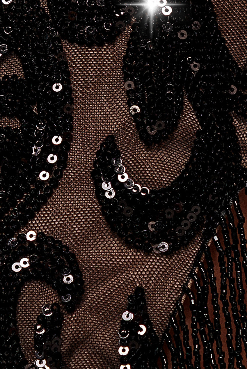 Embroidered Sequin Tassel Front Split Midaxi Dress - Black DR4590