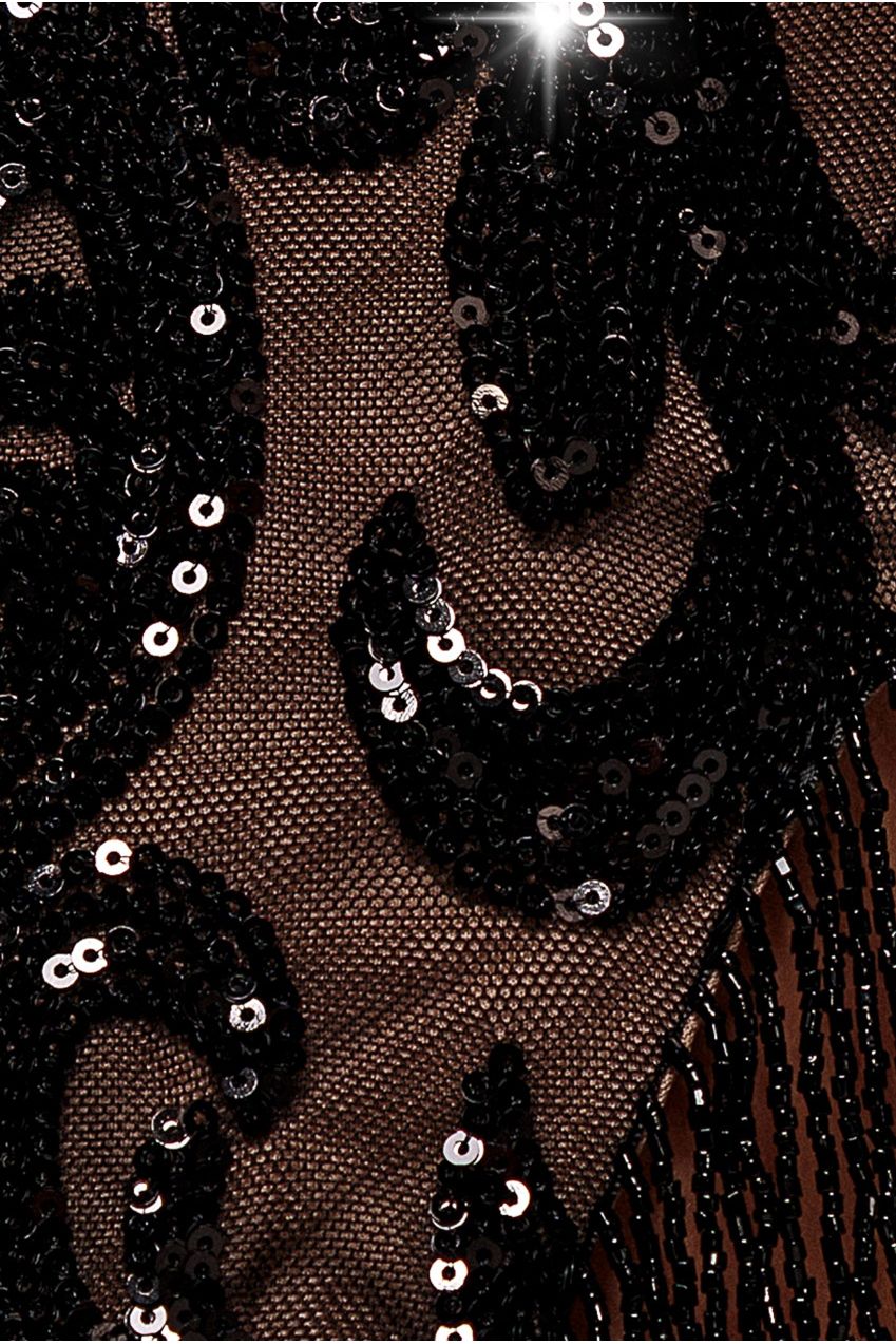 Embroidered Sequin Tassel Front Split Midaxi Dress - Black DR4590