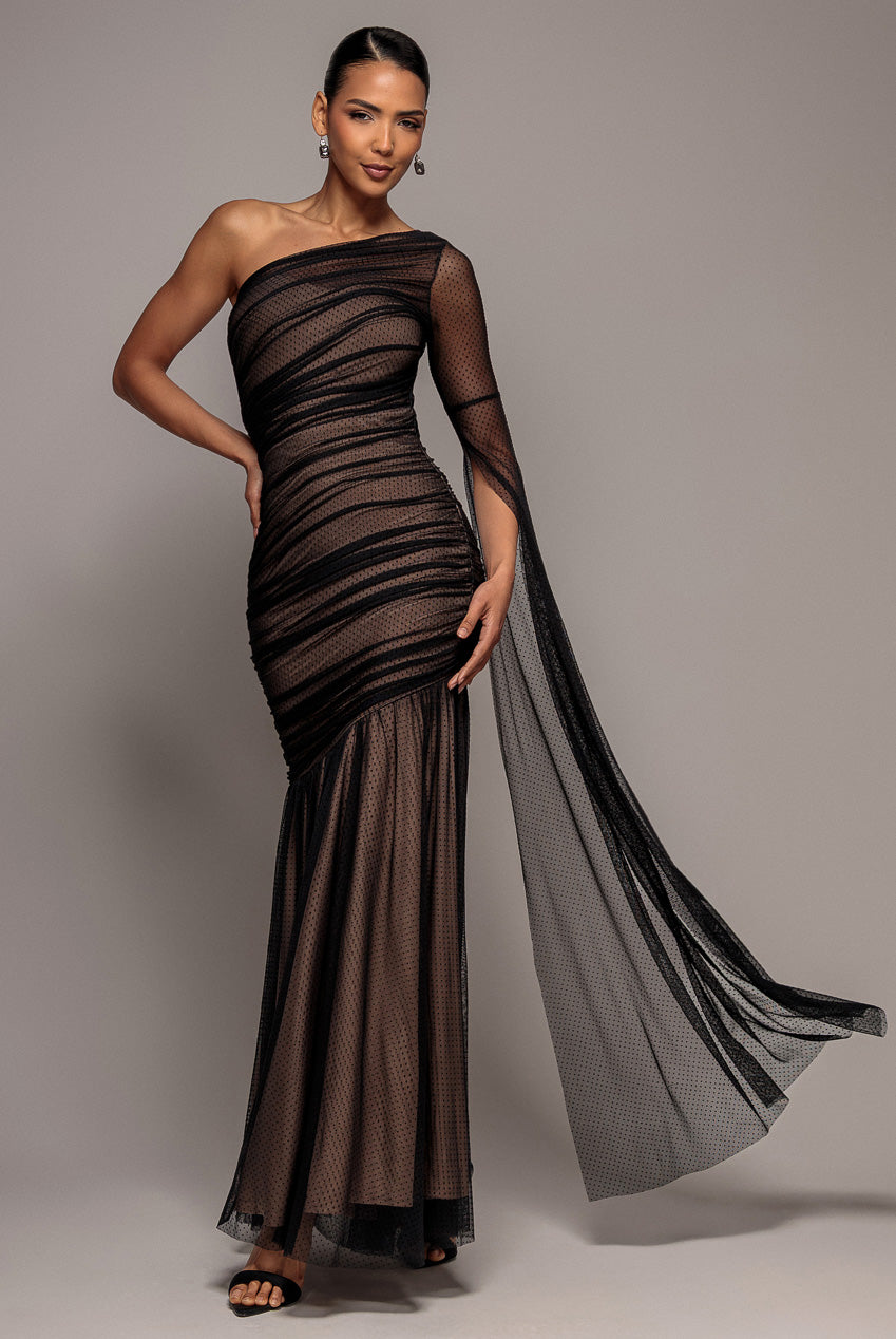 Gathered One Sleeve Angel Wing Mermaid Maxi Dress - Black DR4593