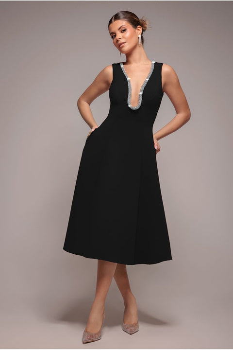 Diamante Embellished Neck A-Line Midi Dress - Black by Goddiva