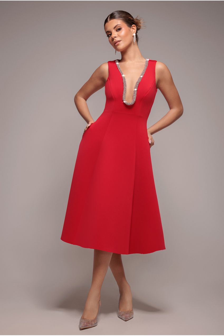 Diamante Embellished Neck A-Line Midi Dress - Red DR4599